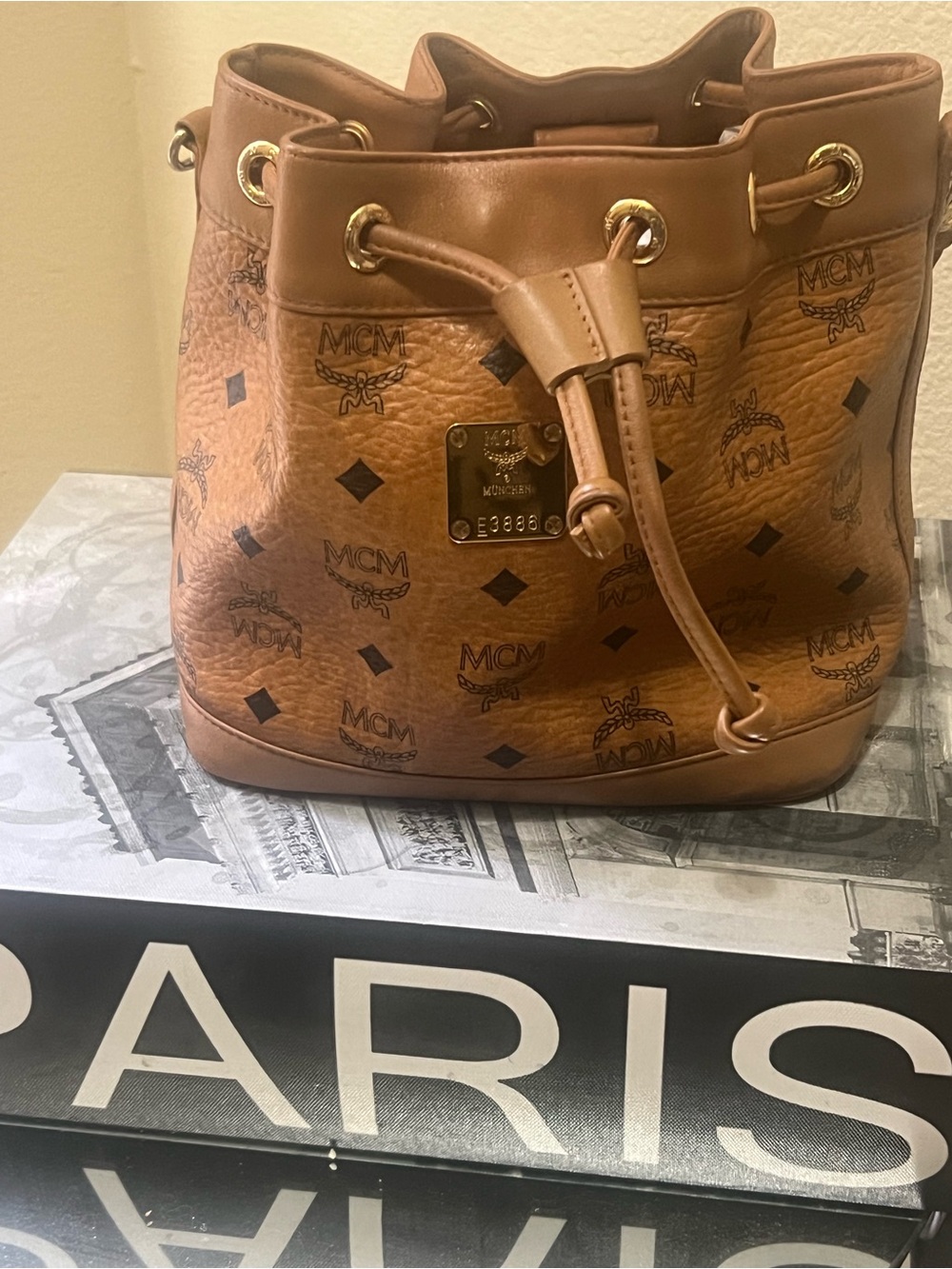 MCM Cognac Visetos Monogram Drawstring Bucket Bag